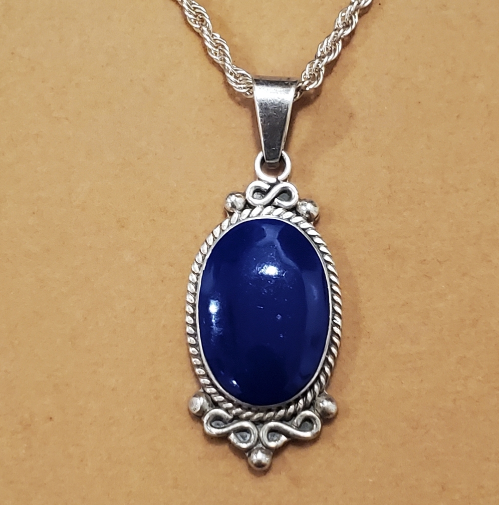Vintage Sterling Silver Taxco Lapis Pendant Necklace 26"